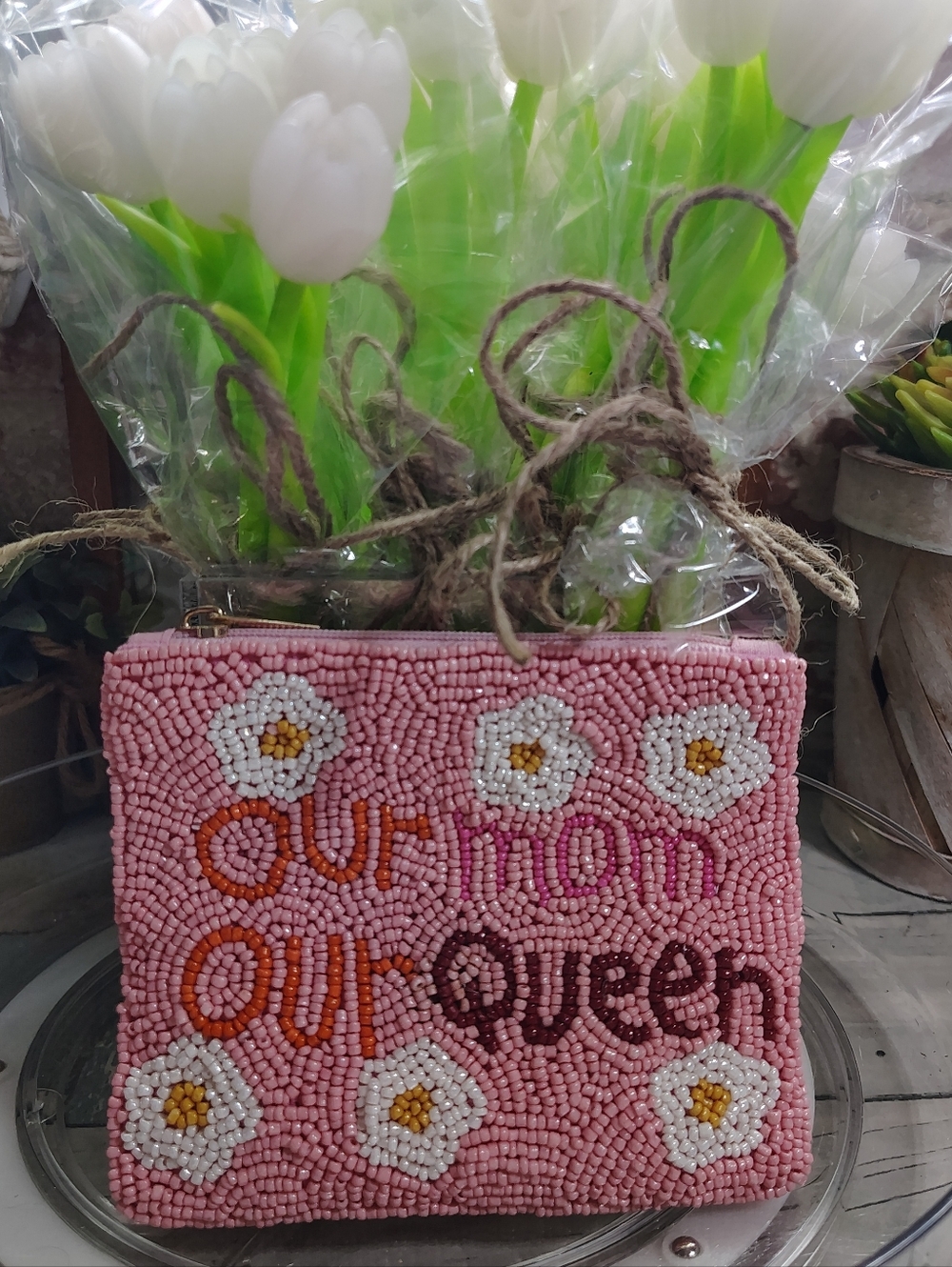 🌼Hand Beaded Coin Purse " Our Mom  Our Queen"  5"x4"